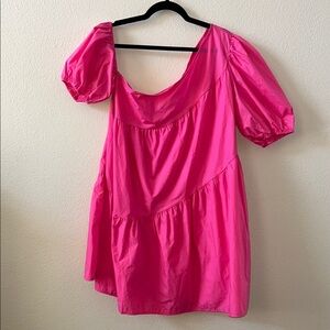 Vibrant Pink Puff Sleeve Asymmetrical Dress Size Large.